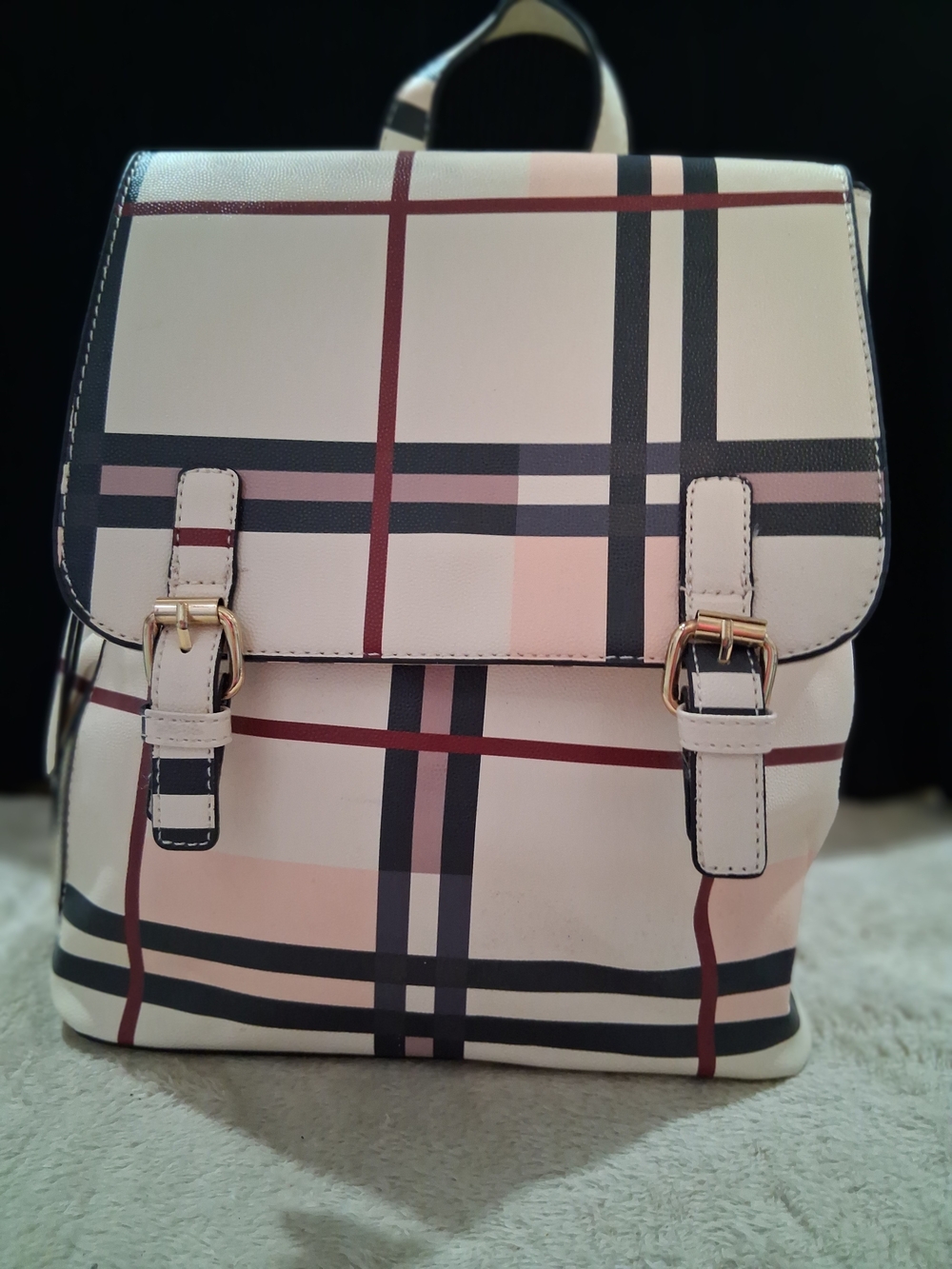 Cream Plaid Women's Backpack with Gold Buckle Accents